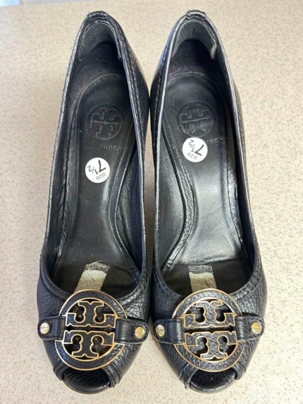 Tory Burch Peep Toe ALL Leather Black Shoes Size 7,5